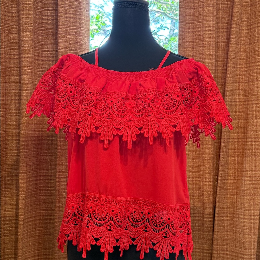 Chic Scarlet Lace Off-Shoulder Blouse